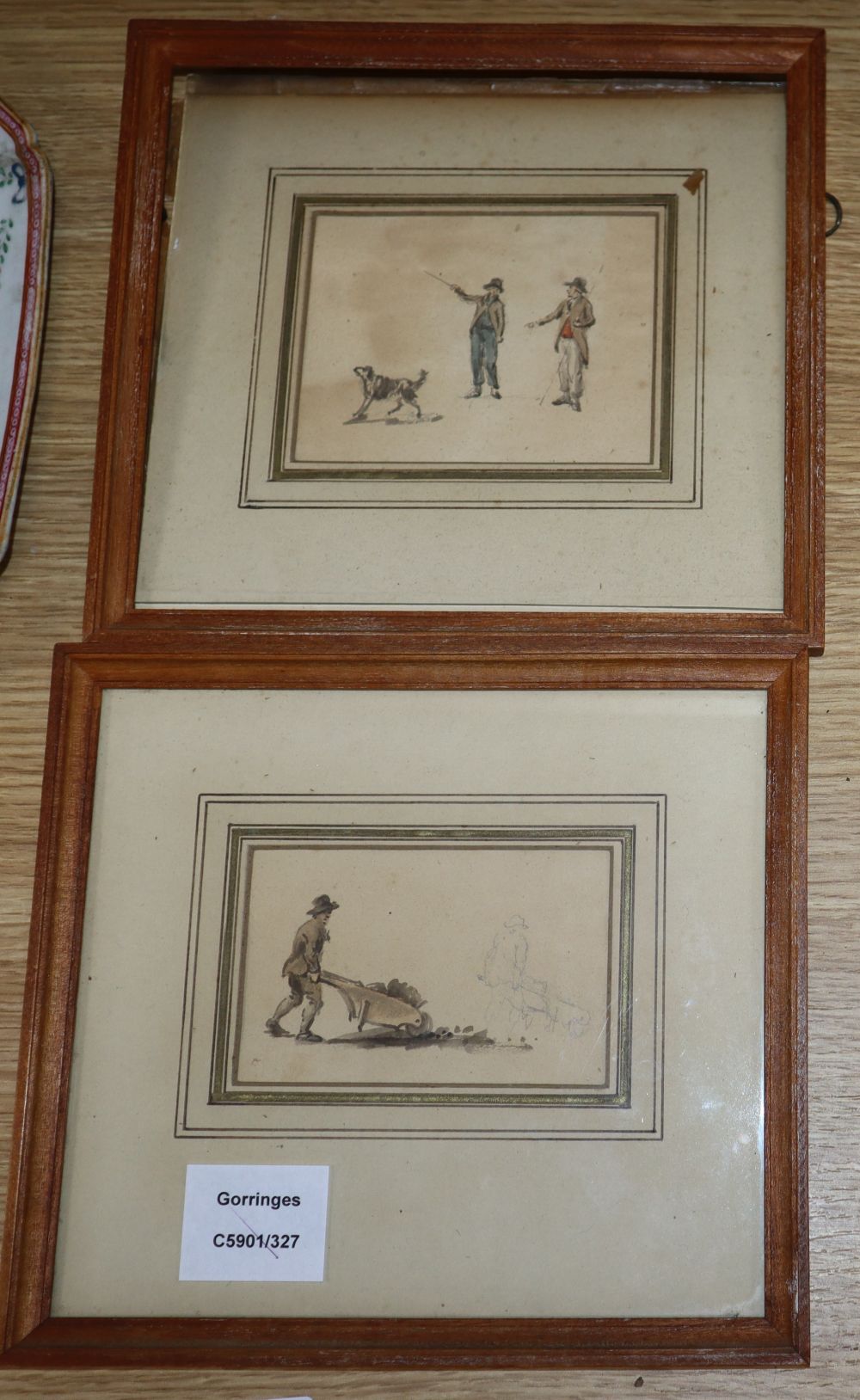 Nicholas Pocock (1741-1821), two watercolours, Wheeling barrows and Two men and a dog, Spink and Son labels verso, largest 9 x 11cm